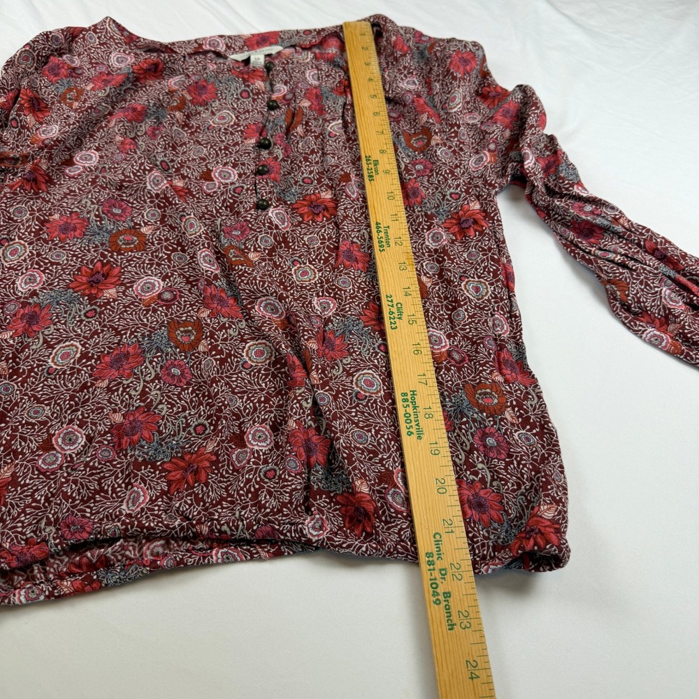 Lucky Brand Women Burgundy Red Floral Henley Peasant Blouse Long Sleeve Small - Picture 6 of 8
